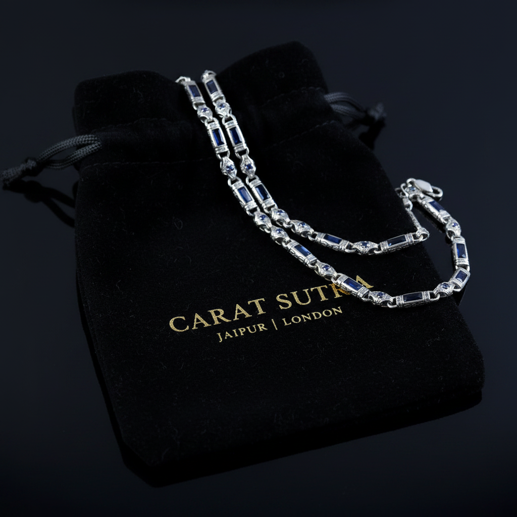 Solid 6mm Infinity Link Chain, studded with Blue Zircon | 925 Sterling Silver Chain | With Certificate of Authenticity and 925 Hallmark