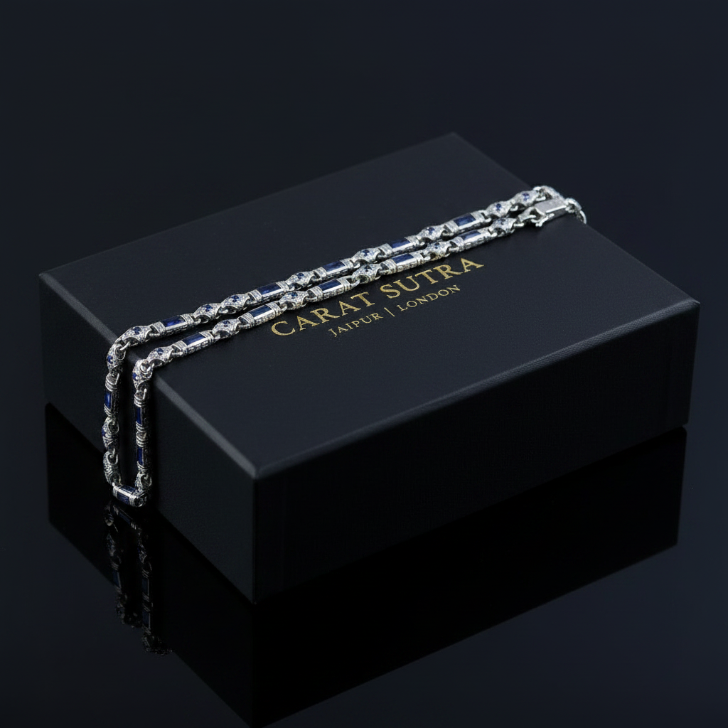 Solid 6mm Infinity Link Chain, studded with Blue Zircon | 925 Sterling Silver Chain | With Certificate of Authenticity and 925 Hallmark