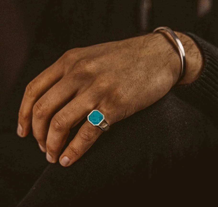RARE PRINCE by CARAT SUTRA | Classic Signet Ring with Natural Blue Turquoise | 925 Sterling Silver Ring | Men's Jewelry | With Certificate of Authenticity and 925 Hallmark