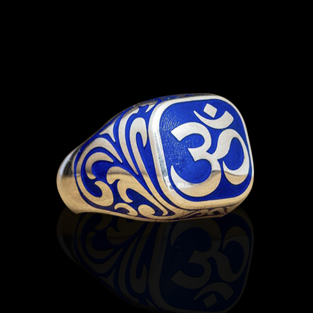 RARE PRINCE by CARAT SUTRA | Om Symbol with Blue Enamel Signet Ring for Men, Sterling Silver 925 Ring | Jewellery for Men| With Certificate of Authenticity and 925 Hallmark