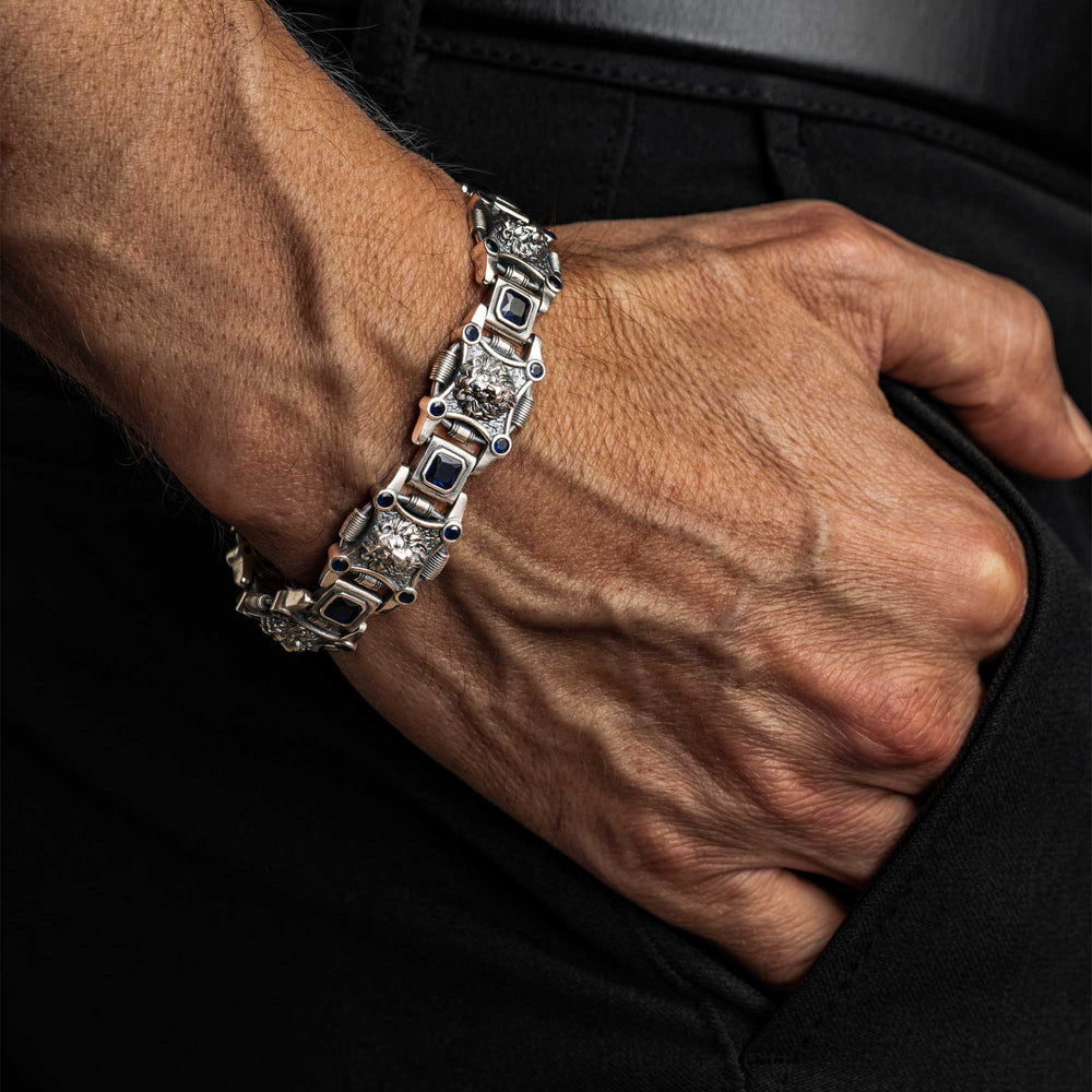 18mm Leo - Lion Retro Bracelet in Oxidised Finish studded with Blue Zircon | 925 Sterling Silver with Hallmark - caratsutra