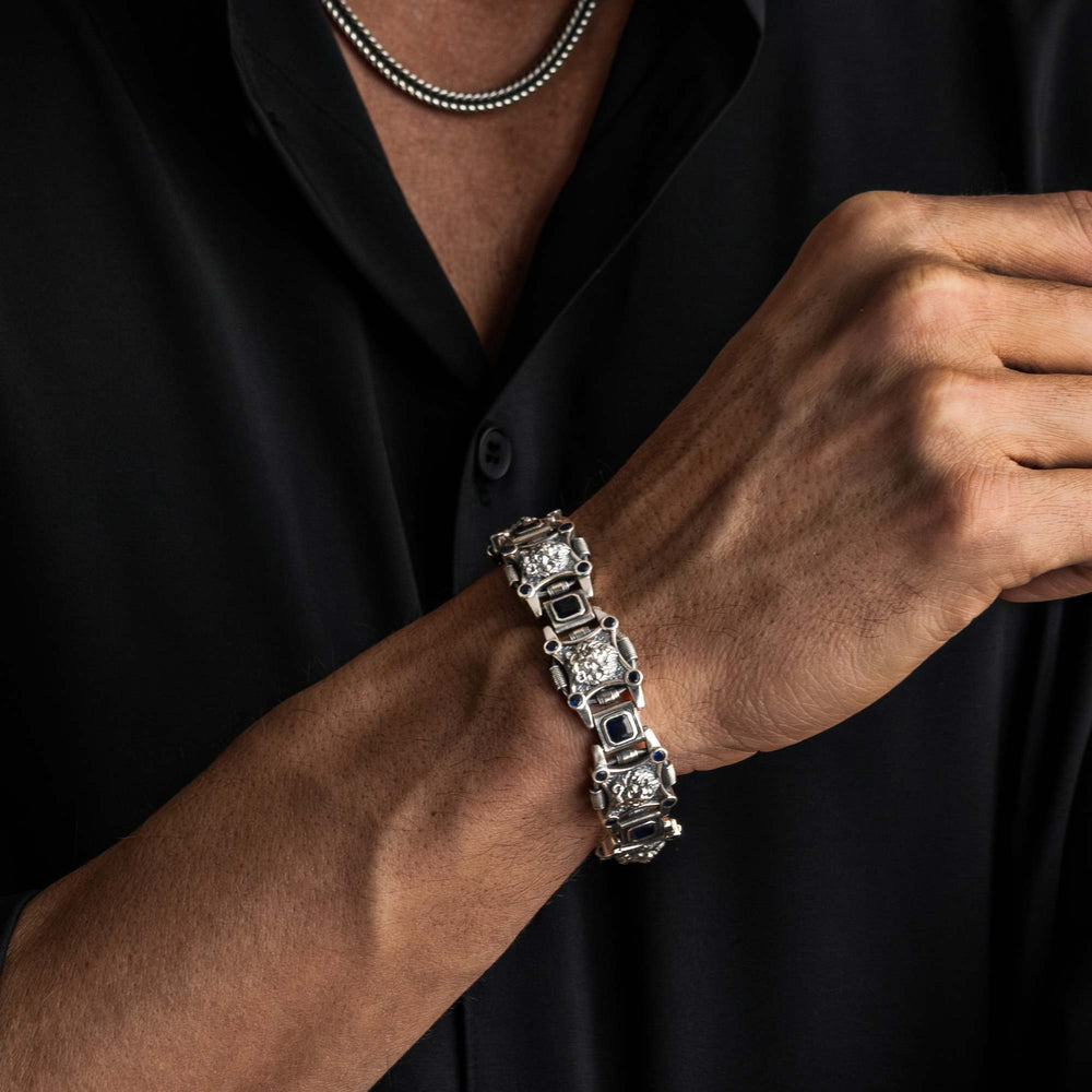 18mm Leo - Lion Retro Bracelet in Oxidised Finish studded with Blue Zircon | 925 Sterling Silver with Hallmark - caratsutra