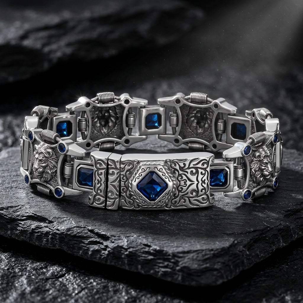 18mm Leo - Lion Retro Bracelet in Oxidised Finish studded with Blue Zircon | 925 Sterling Silver with Hallmark - caratsutra