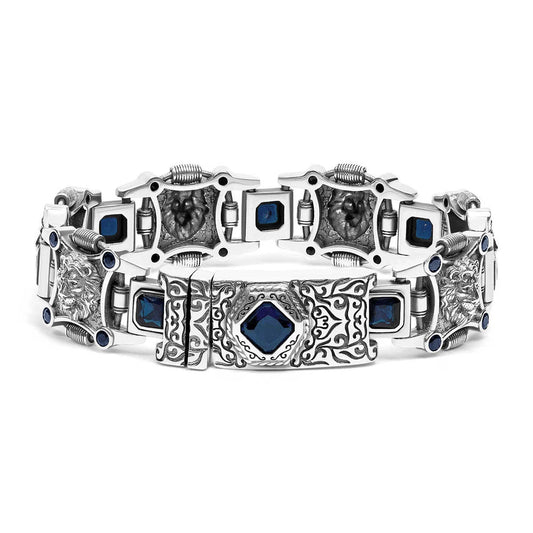 18mm Leo - Lion Retro Bracelet in Oxidised Finish studded with Blue Zircon | 925 Sterling Silver with Hallmark