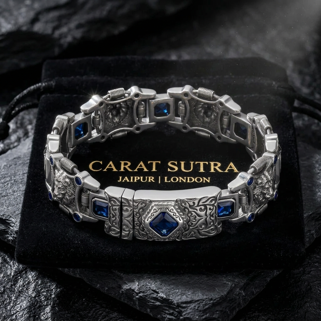 18mm Leo - Lion Retro Bracelet in Oxidised Finish studded with Blue Zircon | 925 Sterling Silver with Hallmark