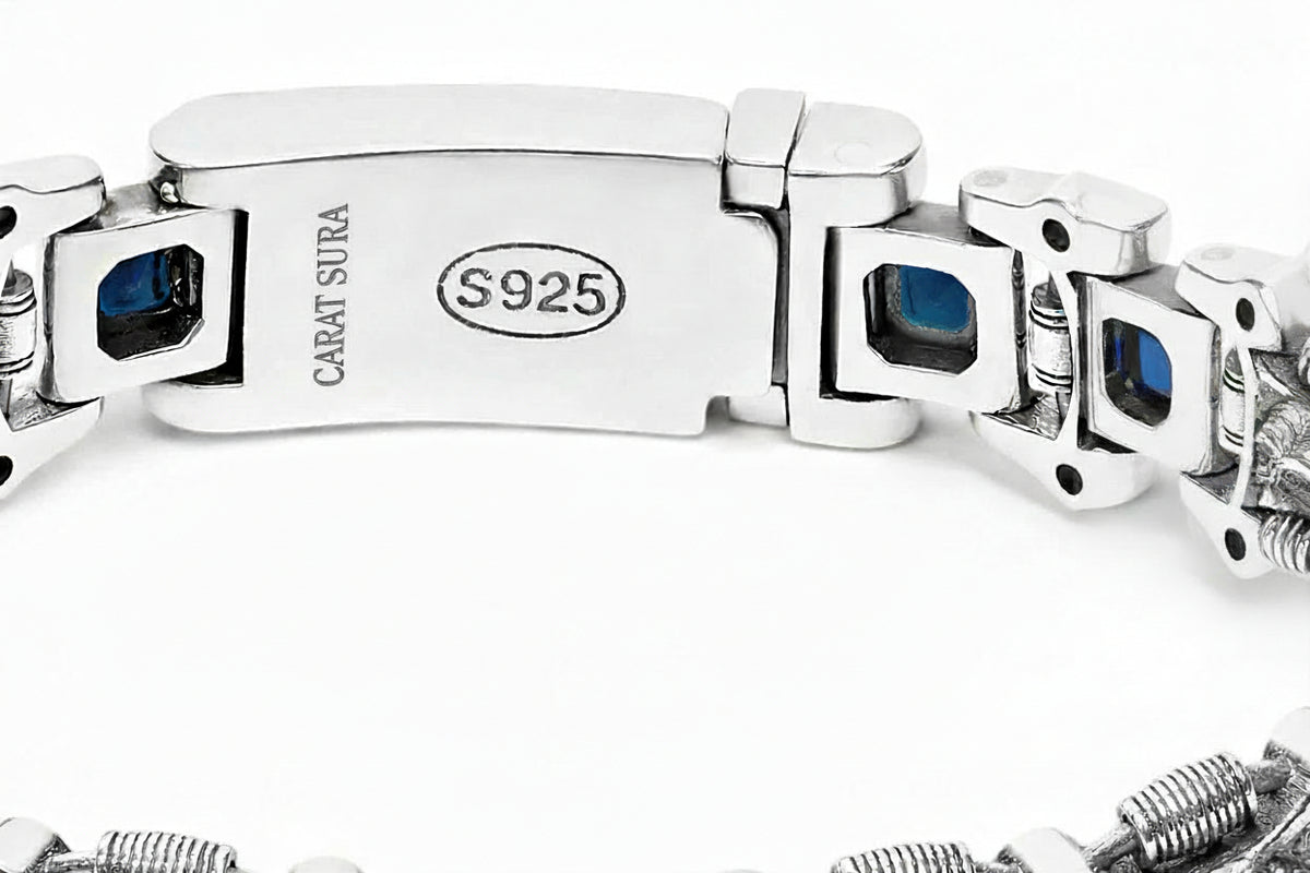 18mm Leo - Lion Retro Bracelet in Oxidised Finish studded with Blue Zircon | 925 Sterling Silver with Hallmark - caratsutra