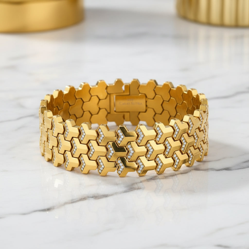 22k Gold Plated, 3 Row, 18mm Wide Solid Armor Bracelet Studded with/without Swarovski Diamond | 999 Sterling Silver