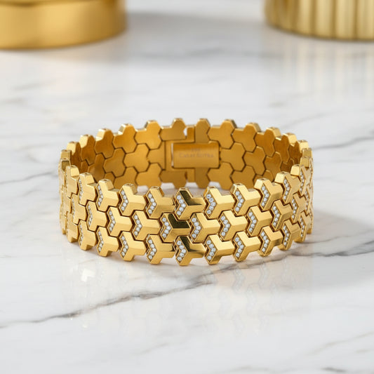 22k Gold Plated, 3 Row, 18mm Wide Solid Armor Bracelet Studded with/without Swarovski Diamond | 999 Sterling Silver