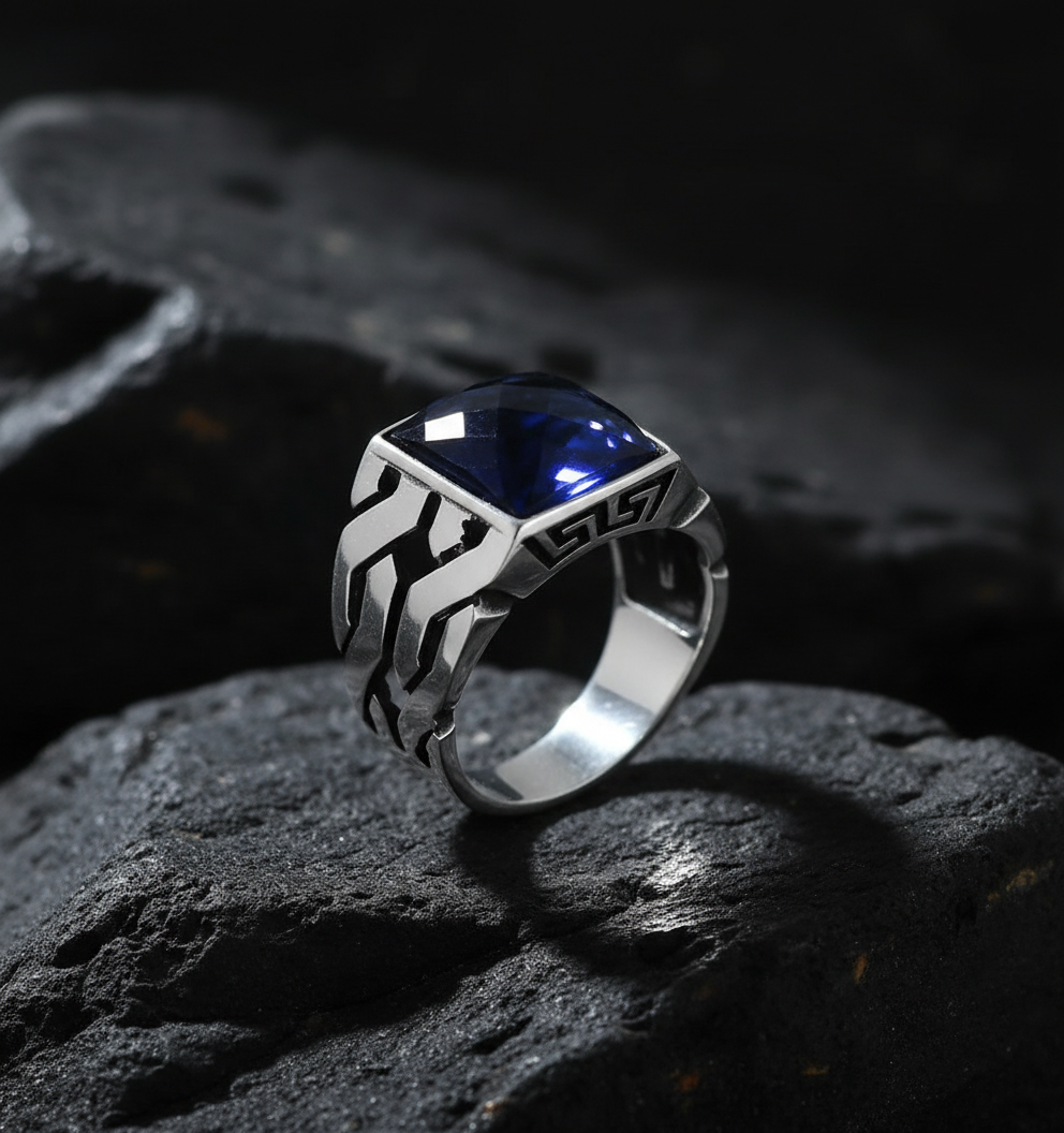 RARE PRINCE by CARAT SUTRA | Unique Turkish Gucci Style Ring with Faceted Blue S Sapphire | 925 Sterling Silver Oxidized Ring | Men's Jewelry | With Certificate of Authenticity and 925 Hallmark