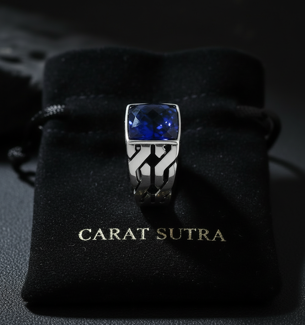 RARE PRINCE by CARAT SUTRA | Unique Turkish Gucci Style Ring with Faceted Blue S Sapphire | 925 Sterling Silver Oxidized Ring | Men's Jewelry | With Certificate of Authenticity and 925 Hallmark