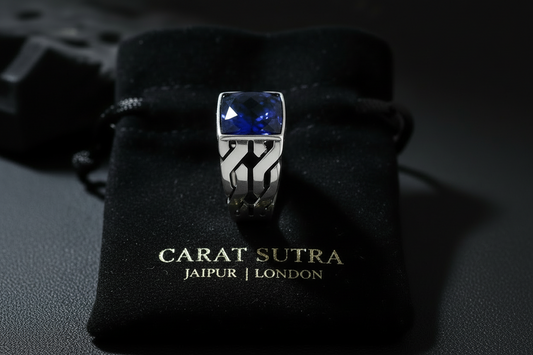 RARE PRINCE by CARAT SUTRA | Unique Turkish Gucci Style Ring with Faceted Blue S Sapphire | 925 Sterling Silver Oxidized Ring | Men's Jewelry | With Certificate of Authenticity and 925 Hallmark - caratsutra