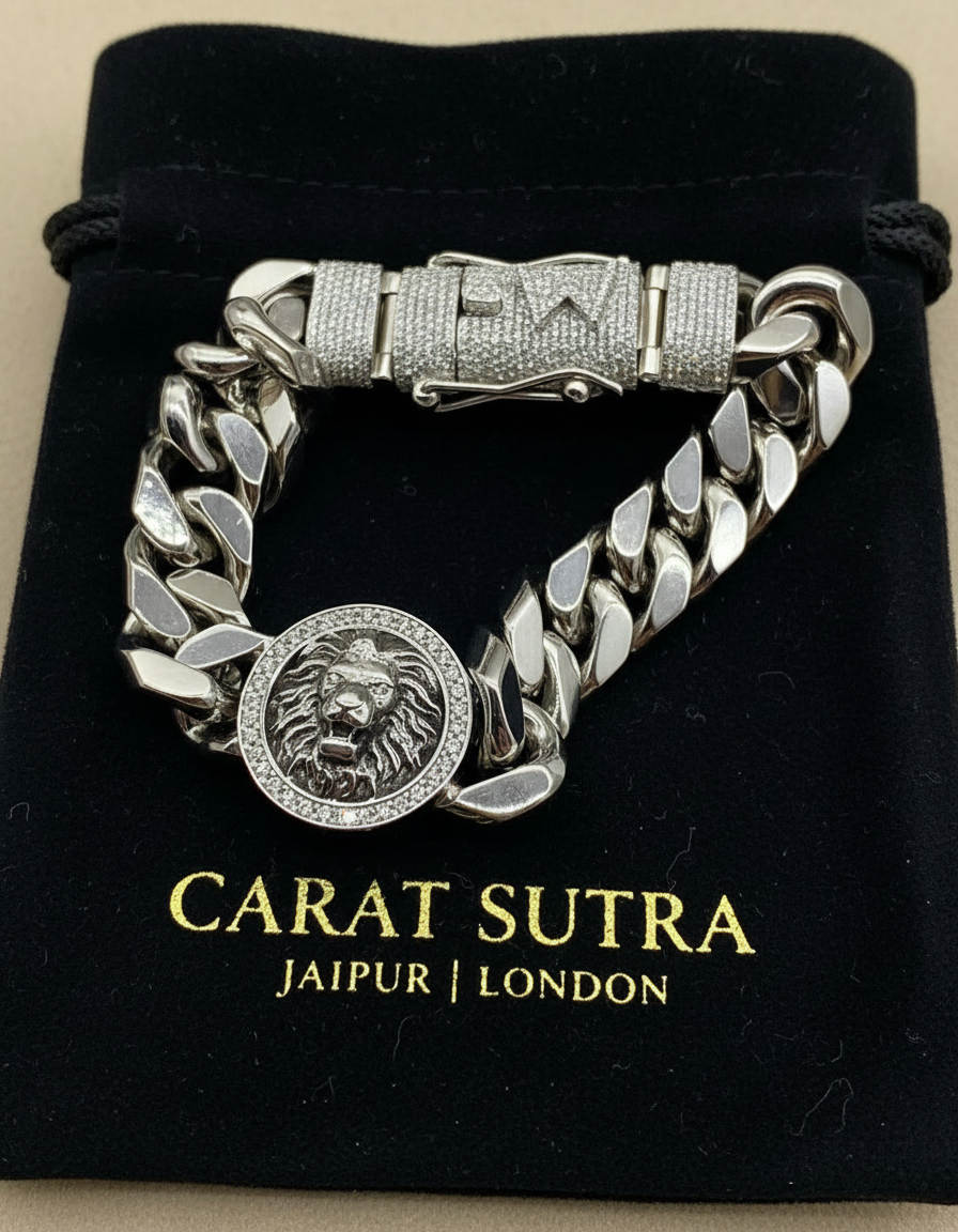 Unique 13mm Solid Cuban High Polished Lion Bracelet with Iced custom Letter Lock for Men | 925 Sterling Silver Bracelet | Men's Jewelry | With Certificate of Authenticity and 925 Hallmark - caratsutra