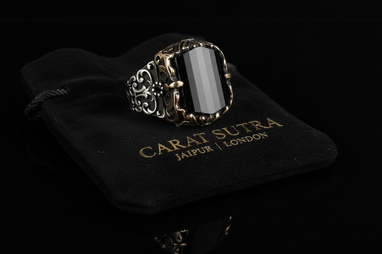 RARE PRINCE by CARAT SUTRA | Unique Turkish Style Ring with Faceted Black Zircon | 925 Sterling Silver Oxidized Ring | Men's Jewelry | With Certificate of Authenticity and 925 Hallmark - caratsutra