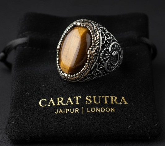 RARE PRINCE by CARAT SUTRA | Unique Turkish Style Ring with Natural Tiger Eye | 925 Sterling Silver Oxidized Ring | Men's Jewelry | With Certificate of Authenticity and 925 Hallmark