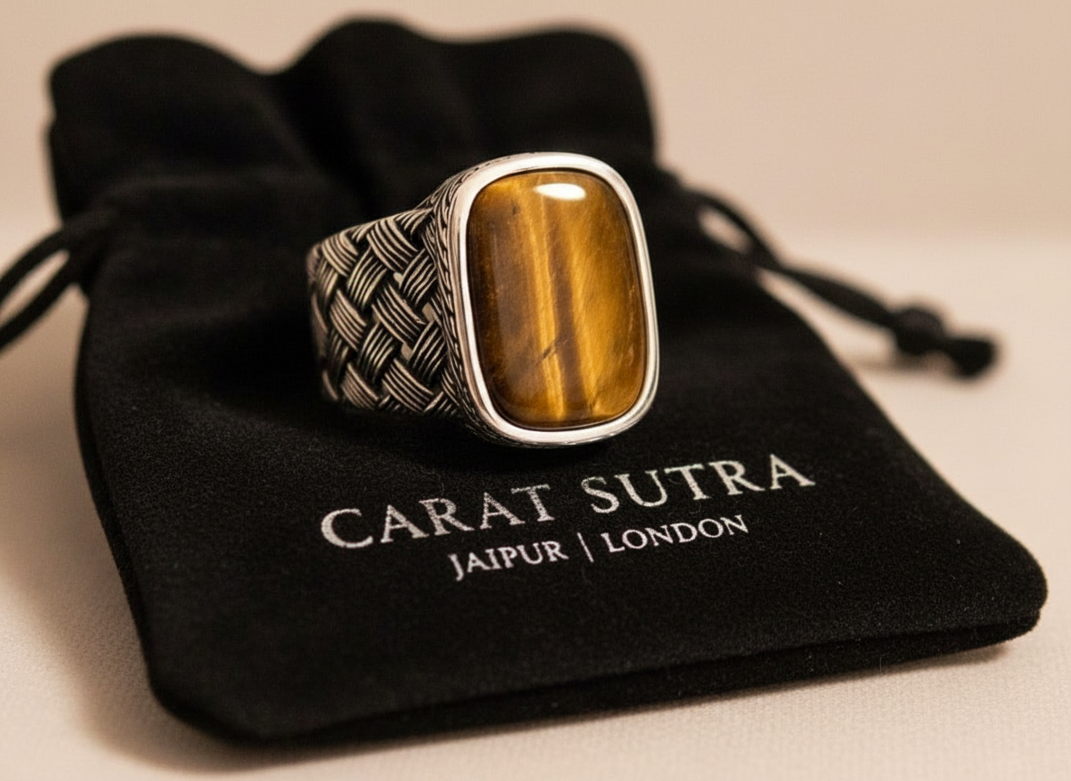 RARE PRINCE by CARAT SUTRA | Unique Turkish Style Ring with Natural Tiger Eye | 925 Sterling Silver Oxidized Ring | Men's Jewelry | With Certificate of Authenticity and 925 Hallmark - caratsutra