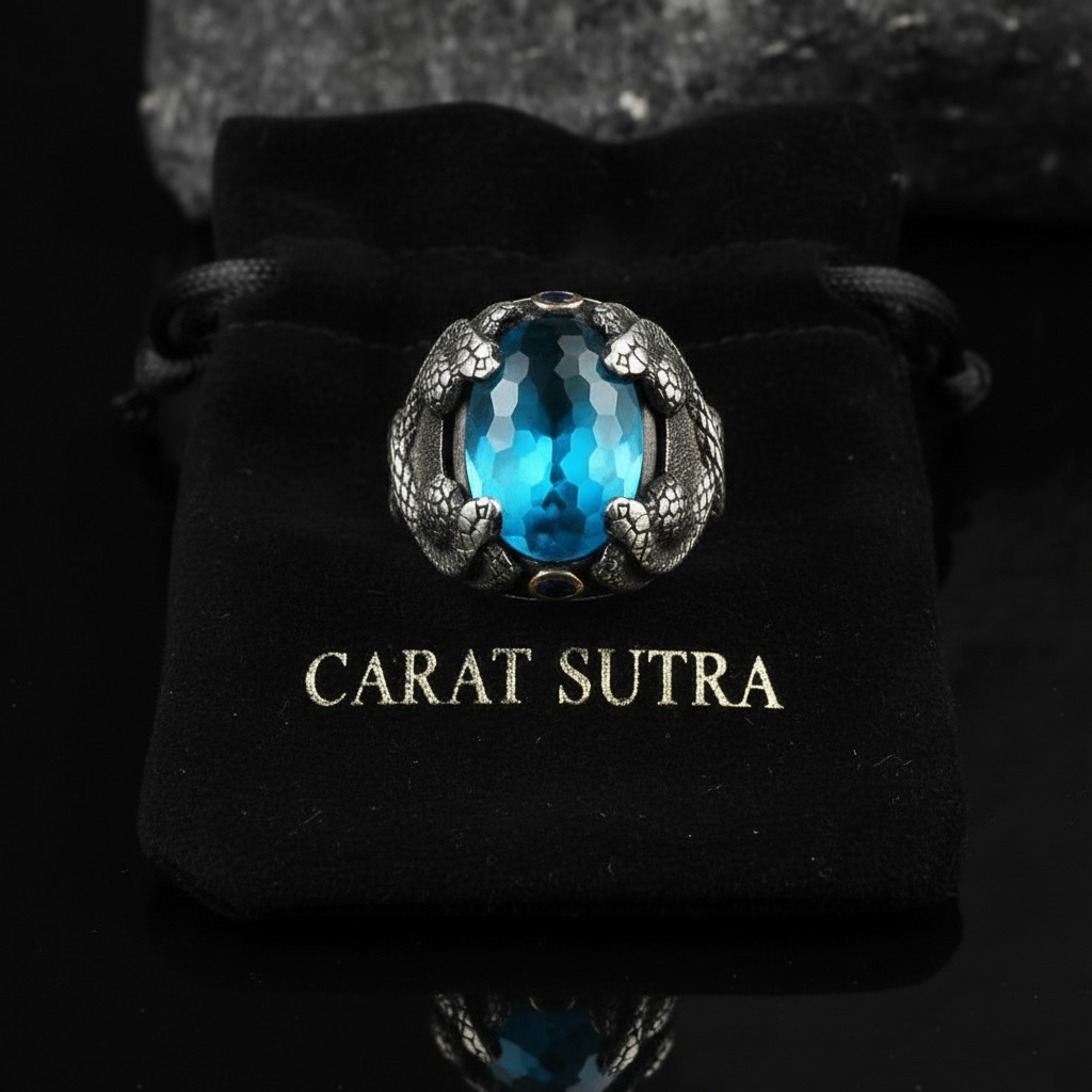 RARE PRINCE by CARAT SUTRA | Unique Designed Snake Ring with S Blue Topaz| 925 Sterling Silver Oxidized Ring | Men's Jewelry | With Certificate of Authenticity and 925 Hallmark