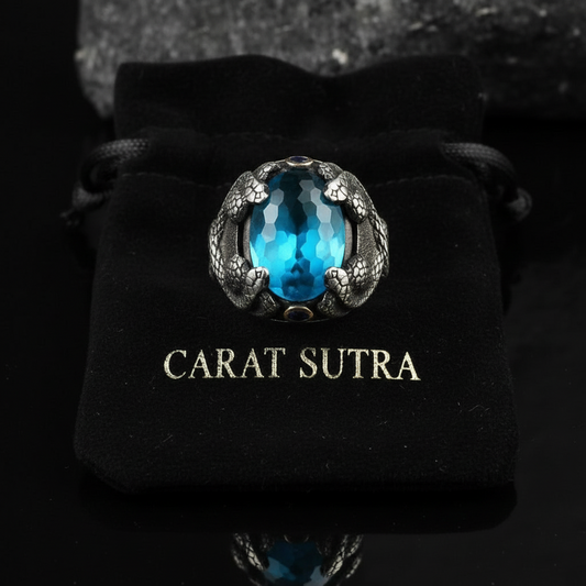 RARE PRINCE by CARAT SUTRA | Unique Designed Snake Ring with S Blue Topaz| 925 Sterling Silver Oxidized Ring | Men's Jewelry | With Certificate of Authenticity and 925 Hallmark