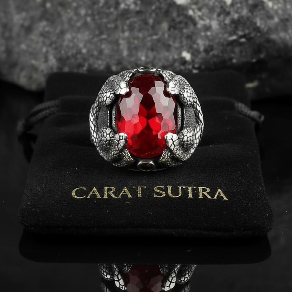 RARE PRINCE by CARAT SUTRA | Unique Designed Snake Ring with Red Zircon | 925 Sterling Silver Oxidized Ring | Men's Jewelry | With Certificate of Authenticity and 925 Hallmark