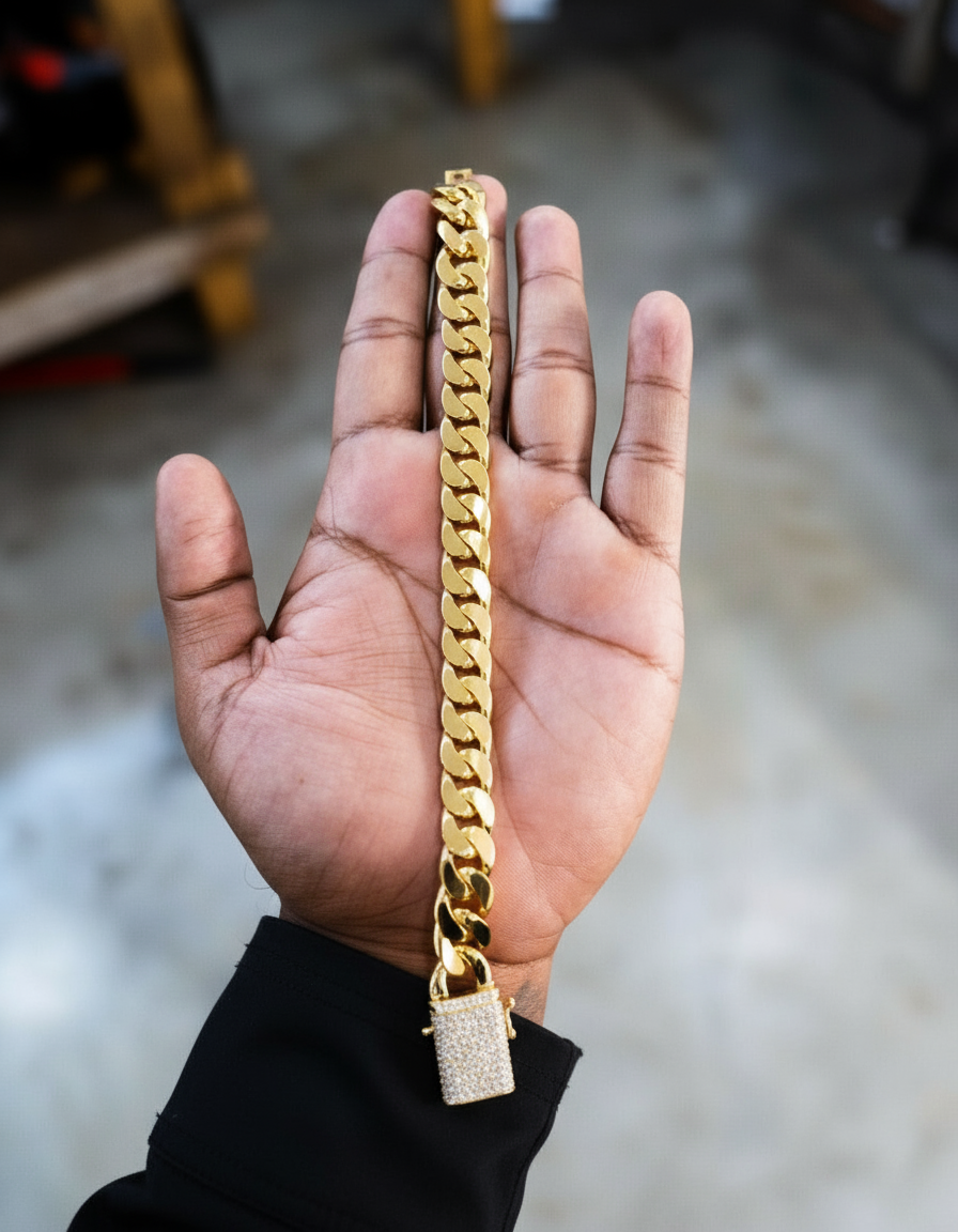 RARE PRINCE by CARAT SUTRA | Solid 12mm Miami Cuban Link Bracelet with Iced Lock | 22kt Gold Micron Plated on 925 Sterling Silver Bracelet with AAA+ Quality Swarovski Diamonds | Men's Jewelry | With Certificate of Authenticity and 925 Hallmark - caratsutra