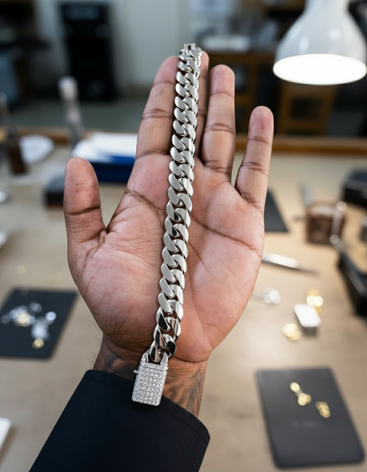 RARE PRINCE by CARAT SUTRA | Solid 16mm Miami Cuban Link Bracelet with Iced Lock | 22kt Gold Micron Plated on 925 Sterling Silver Bracelet with AAA+ Quality Swarovski Diamonds | Men's Jewelry | With Certificate of Authenticity and 925 Hallmark - caratsutra