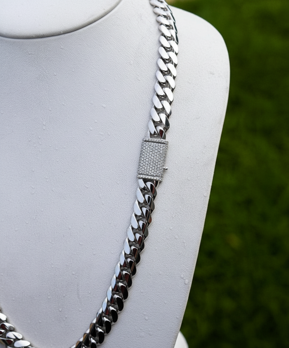 RARE PRINCE by CARAT SUTRA | Solid 12mm Miami Cuban Link Chain with Iced Lock | 22kt Gold Micron Plated on 925 Sterling Silver Chain with AAA+ Quality Swarovski Diamonds | Men's Jewelry | With Certificate of Authenticity and 925 Hallmark - caratsutra