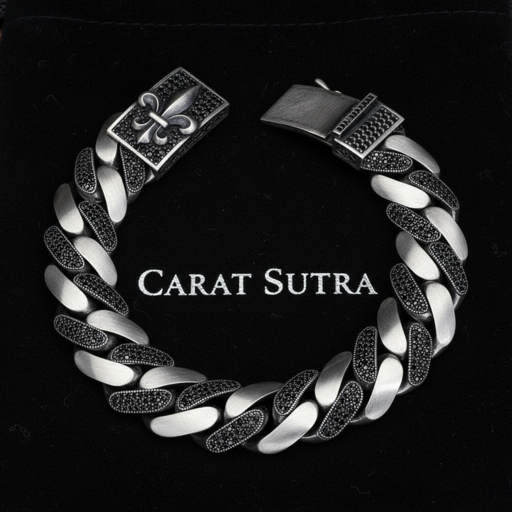 16mm wide Unique Fleur-De-Lis Black Iced Cuban Link Bracelet for Men | Dark Oxidized 925 Silver Bracelet | Men's Jewelry | With Certificate of Authenticity and 925 Hallmark - caratsutra