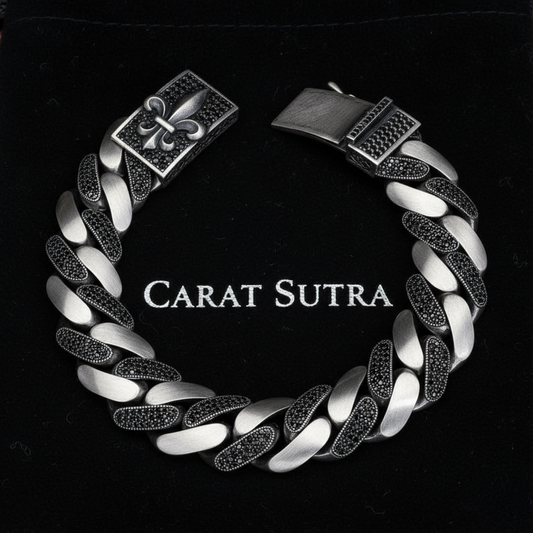 16mm wide Unique Fleur-De-Lis Black Iced Cuban Link Bracelet for Men | Dark Oxidized 925 Silver Bracelet | Men's Jewelry | With Certificate of Authenticity and 925 Hallmark - caratsutra