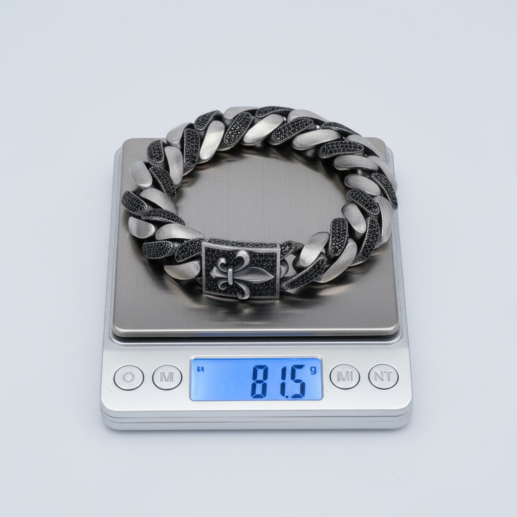 16mm wide Unique Fleur-De-Lis Black Iced Cuban Link Bracelet for Men | Dark Oxidized 925 Silver Bracelet | Men's Jewelry | With Certificate of Authenticity and 925 Hallmark - caratsutra