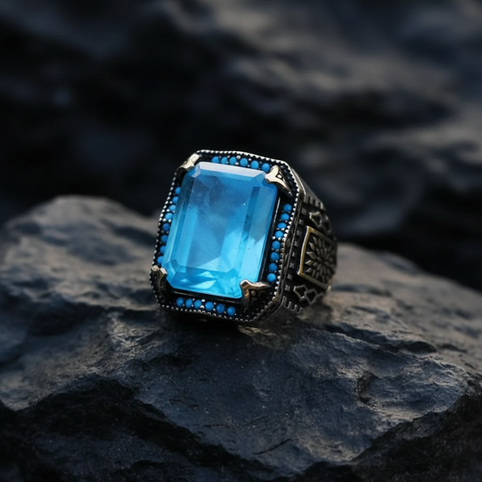 RARE PRINCE by CARAT SUTRA | Unique Designed Turkish Style Ring with Natural Blue Topaz | 925 Sterling Silver Oxidized Ring | Men's Jewelry | With Certificate of Authenticity and 925 Hallmark