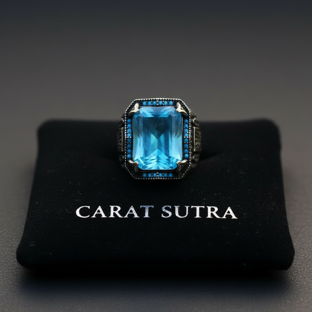 RARE PRINCE by CARAT SUTRA | Unique Designed Turkish Style Ring with Natural Blue Topaz | 925 Sterling Silver Oxidized Ring | Men's Jewelry | With Certificate of Authenticity and 925 Hallmark