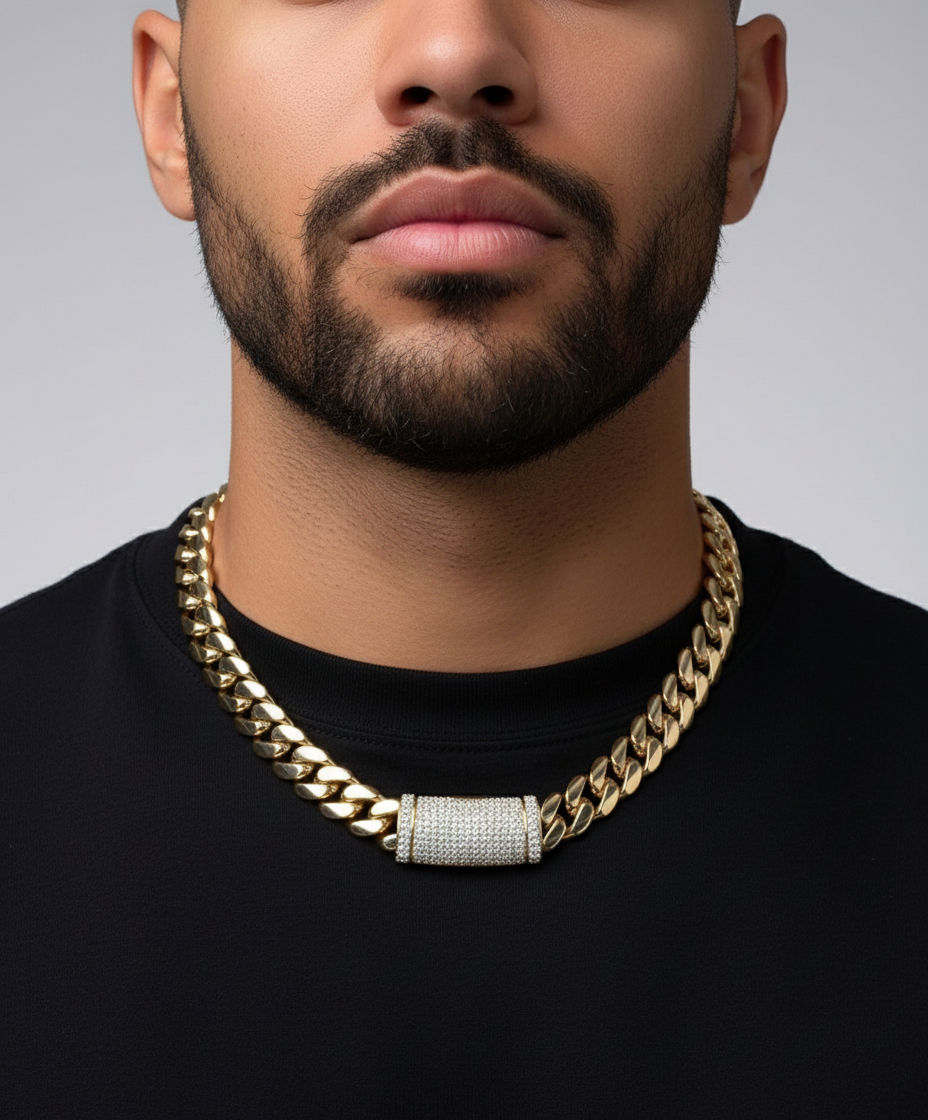 RARE PRINCE by CARAT SUTRA | Custom 12mm Solid Miami Cuban Link Chain with Curved Iced Lock | 22kt Gold Micron Plated 925 Sterling Silver Chain | Men's Jewelry | With Certificate of Authenticity and 925 Hallmark