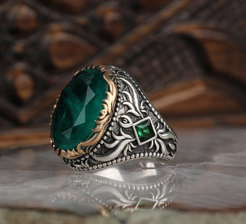 Unique Designed Turkish Style Ring with 8.5ct Natural Emerald | 925 Sterling Silver Oxidized Ring | With Certificate of Authenticity and 925 Hallmark