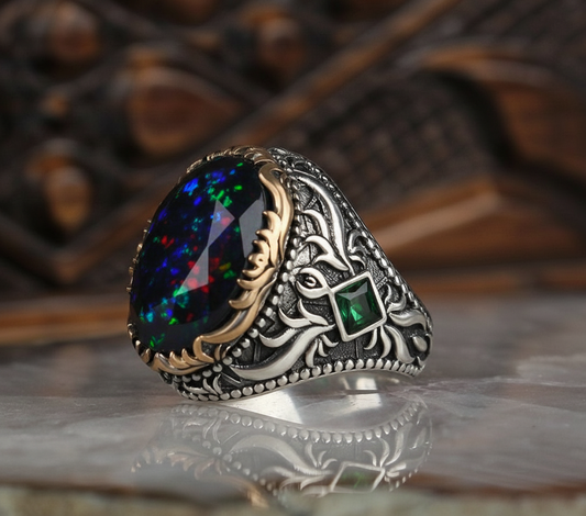 Unique Designed Turkish Style Ring with 12ct Natural Fire Black Opal | 925 Sterling Silver Oxidized Ring | With Certificate of Authenticity and 925 Hallmark