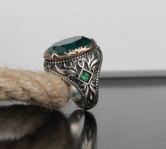 Unique Designed Turkish Style Ring with 8.5ct Natural Emerald | 925 Sterling Silver Oxidized Ring | With Certificate of Authenticity and 925 Hallmark