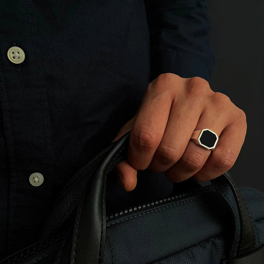 RARE PRINCE by CARAT SUTRA | Classic Signet Ring with Natural Black Onyx | 925 Sterling Silver Ring | Men's Jewelry | With Certificate of Authenticity and 925 Hallmark