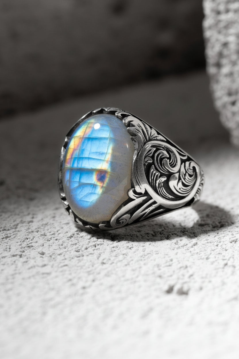 RARE PRINCE by CARAT SUTRA | Unique Designed Turkish Style Ring with Natural Moonstone | 925 Sterling Silver Oxidized Ring | With Certificate of Authenticity and 925 Hallmark