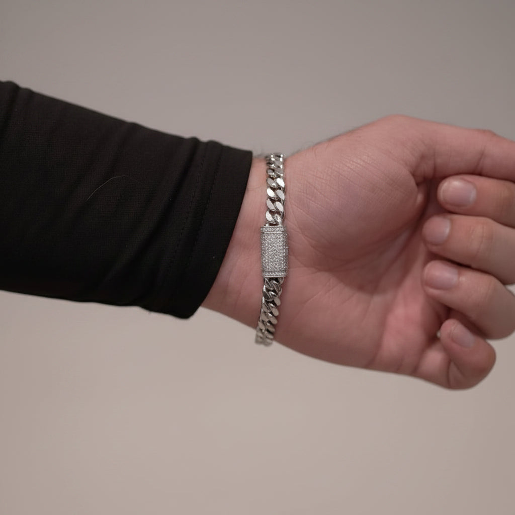 RARE PRINCE by CARAT SUTRA | Solid 8mm Miami Cuban Link Bracelet with Plain Lock (Rhodium Plated) | 925 Sterling Silver Chain | With Certificate of Authenticity and 925 Hallmark