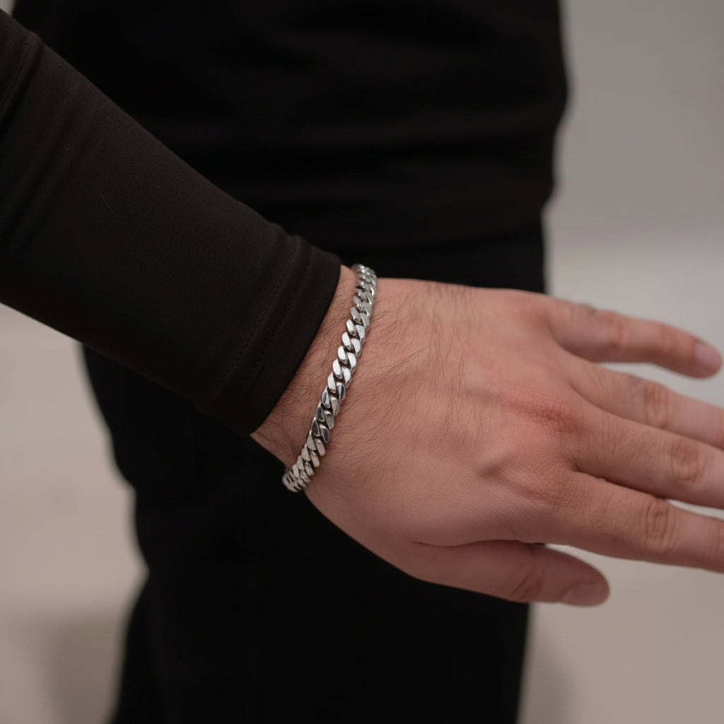 RARE PRINCE by CARAT SUTRA | Solid 8mm Miami Cuban Link Bracelet with Plain Lock (Rhodium Plated) | 925 Sterling Silver Chain | With Certificate of Authenticity and 925 Hallmark