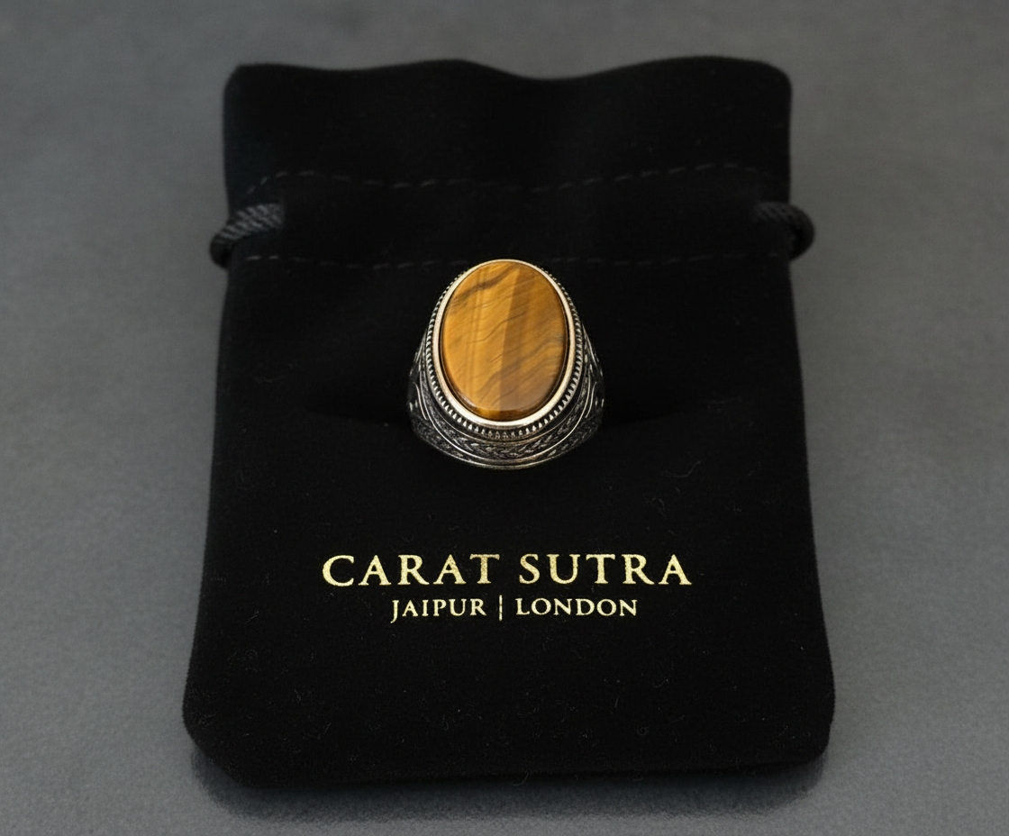 RARE PRINCE by CARAT SUTRA | Unique Designed Turkish Style Ring with Natural Tiger Eye | 925 Sterling Silver Oxidized Ring | Men's Jewelry | With Certificate of Authenticity and 925 Hallmark