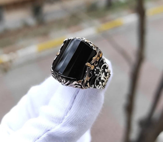 RARE PRINCE by CARAT SUTRA | Unique Turkish Style Ring with Faceted Black Zircon | 925 Sterling Silver Oxidized Ring | Men's Jewelry | With Certificate of Authenticity and 925 Hallmark - caratsutra