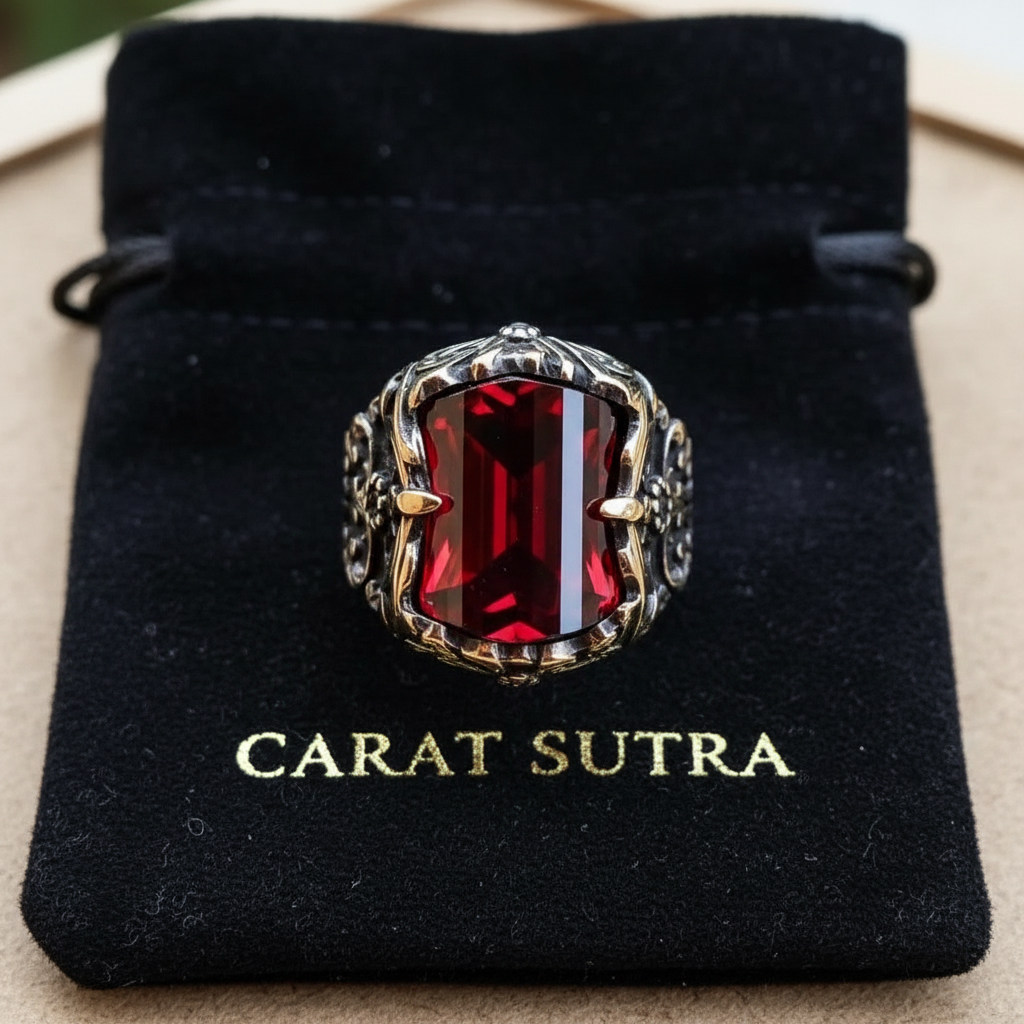RARE PRINCE by CARAT SUTRA | Unique Designed Turkish Style Ring with Multifaceted Red Zirconia | 925 Sterling Silver Oxidized Ring | Men's Jewelry | With Certificate of Authenticity and 925 Hallmark