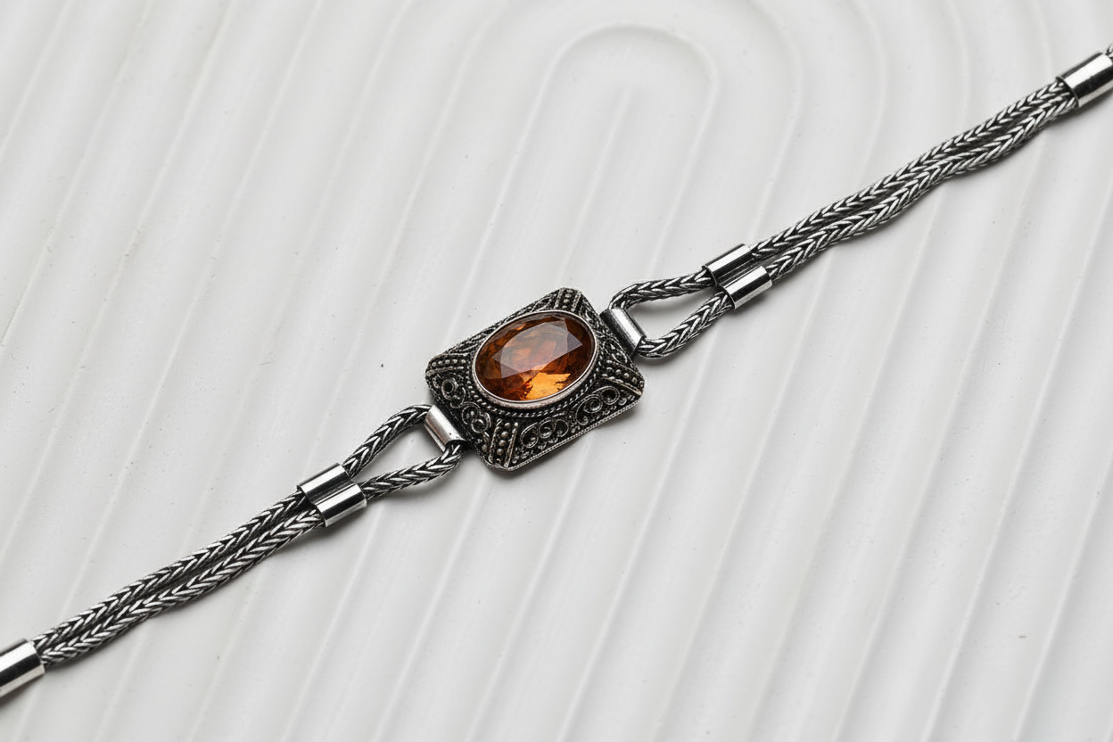 Unique Natural 9 Ct Hessonite (Gomed) stone hand beaded Bracelet for Men | Oxidized 925 Silver Bracelet | Men's Jewelry | With Certificate of Authenticity and 925 Hallmark - caratsutra