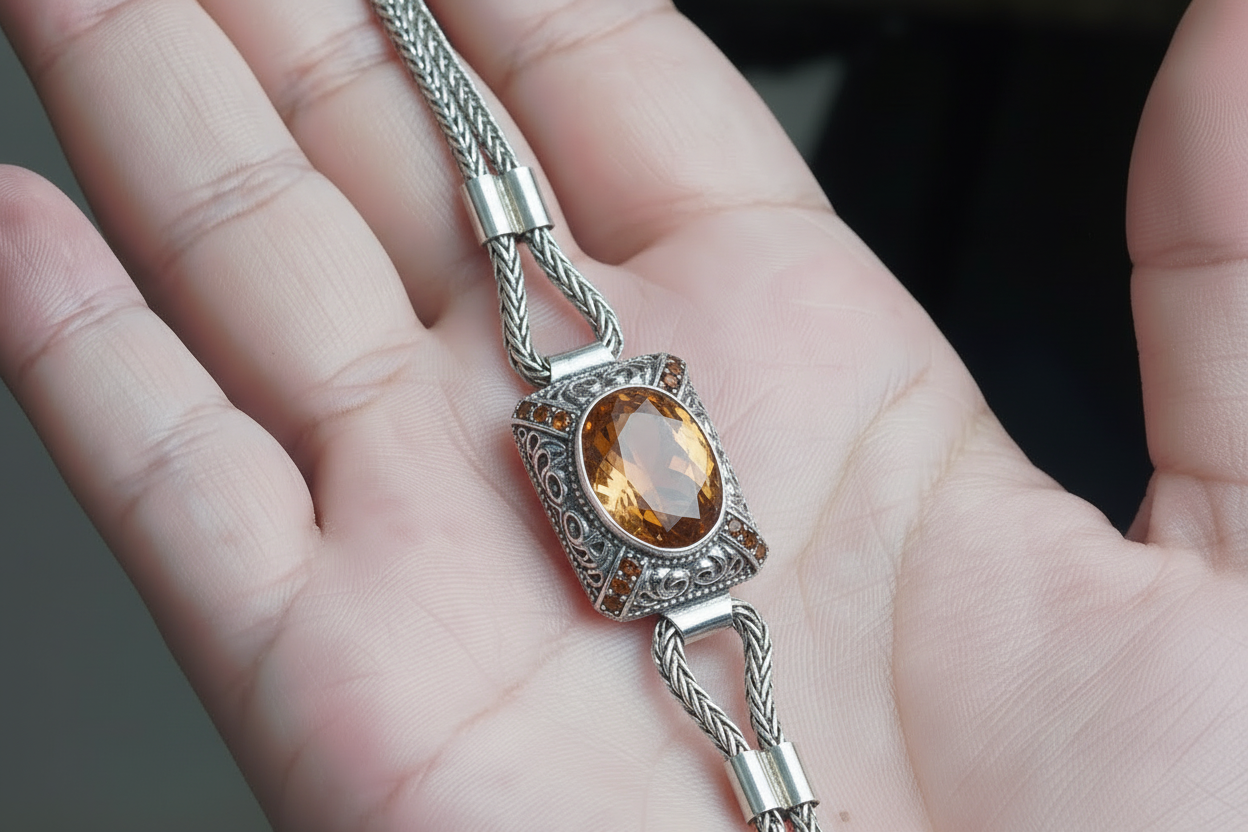 Unique Natural 9 Ct Hessonite (Gomed) stone hand beaded Bracelet for Men | Oxidized 925 Silver Bracelet | Men's Jewelry | With Certificate of Authenticity and 925 Hallmark - caratsutra