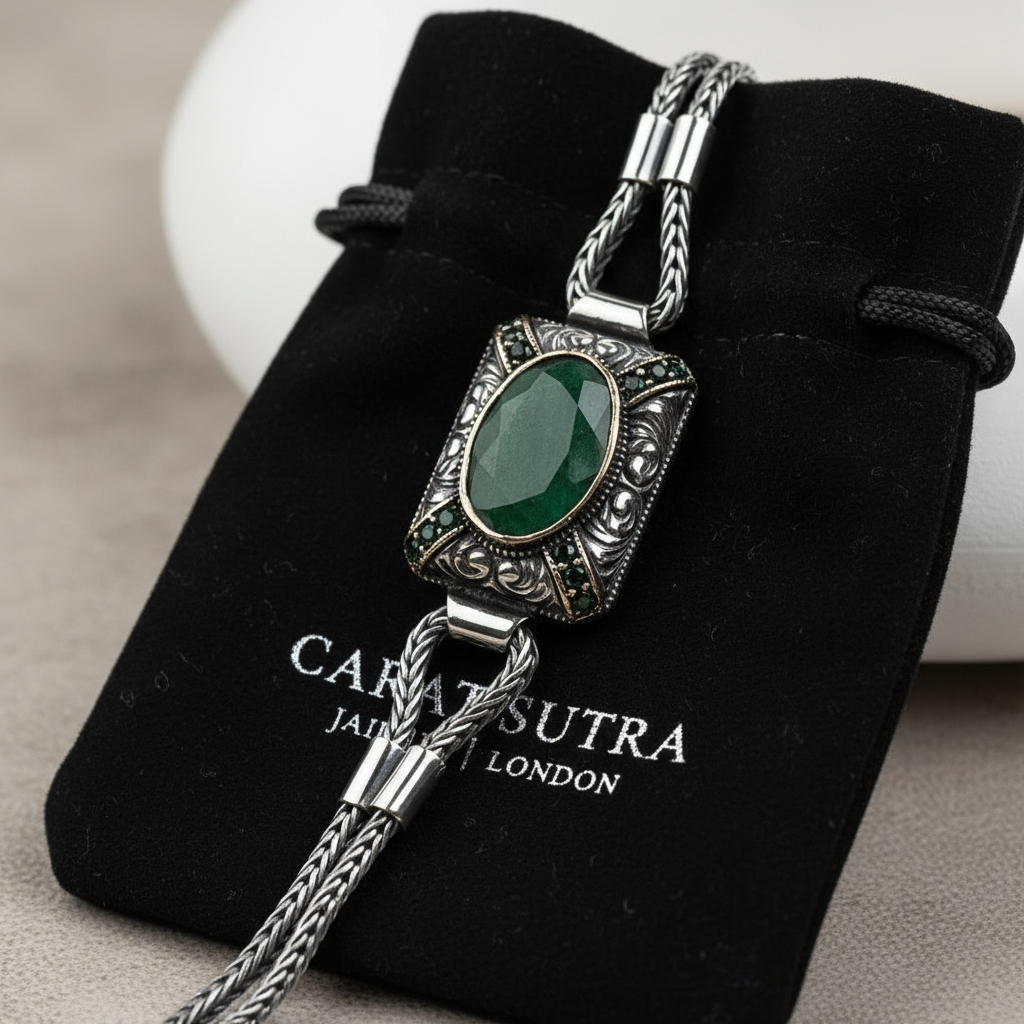 RARE PRINCE by CARAT SUTRA | Unique Green Emerald hand beaded Bracelet for Men | Oxidized 925 Silver Bracelet | Men's Jewelry | With Certificate of Authenticity and 925 Hallmark