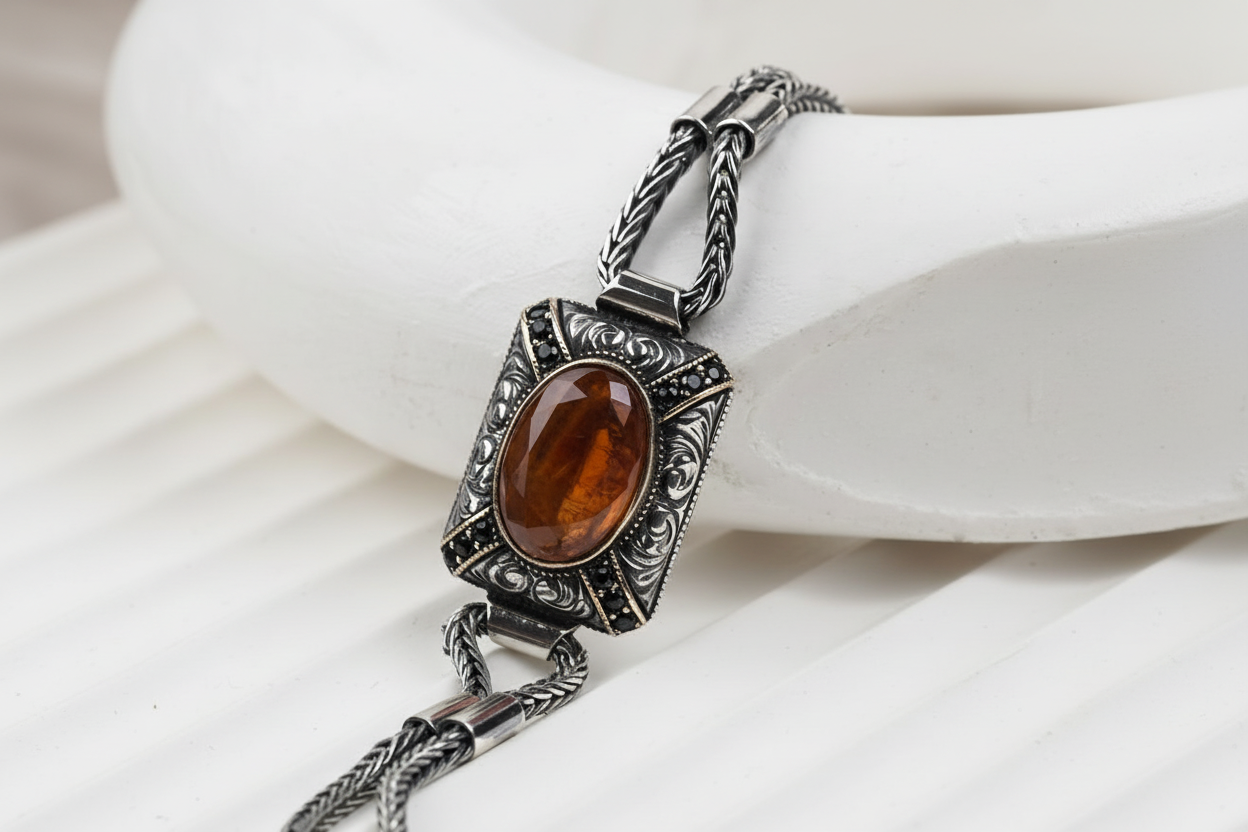 Unique Natural 9 Ct Hessonite (Gomed) stone hand beaded Bracelet for Men | Oxidized 925 Silver Bracelet | Men's Jewelry | With Certificate of Authenticity and 925 Hallmark - caratsutra