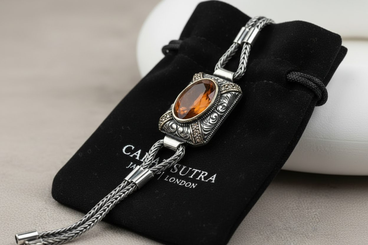 Unique Natural 9 Ct Hessonite (Gomed) stone hand beaded Bracelet for Men | Oxidized 925 Silver Bracelet | Men's Jewelry | With Certificate of Authenticity and 925 Hallmark - caratsutra