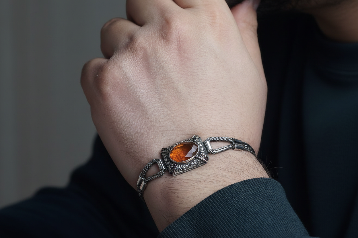 Unique Natural 9 Ct Hessonite (Gomed) stone hand beaded Bracelet for Men | Oxidized 925 Silver Bracelet | Men's Jewelry | With Certificate of Authenticity and 925 Hallmark - caratsutra