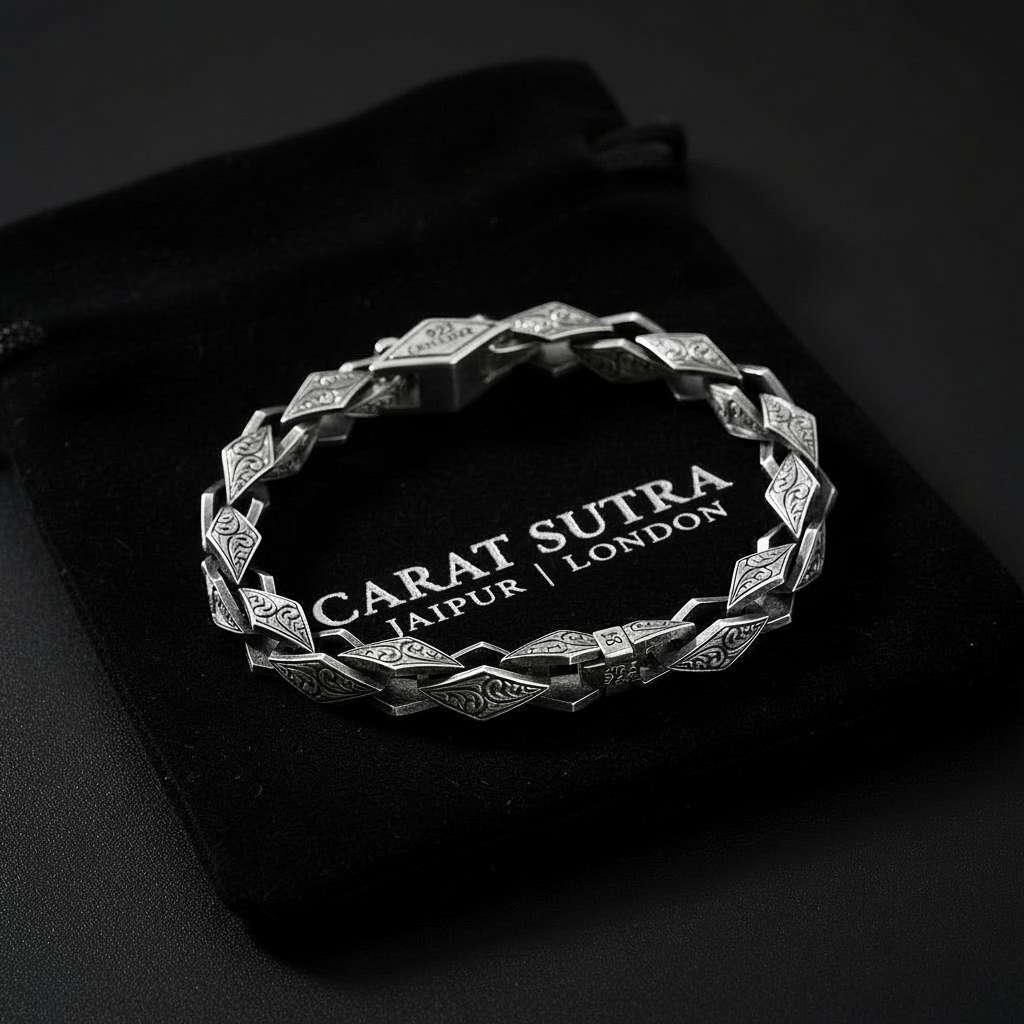 RARE PRINCE by CARAT SUTRA | Unique Hand Engraved Vintage Oxidized Bracelet | 925 Sterling Silver Bracelet | Men's Jewelry | With Certificate of Authenticity and 925 Hallmark
