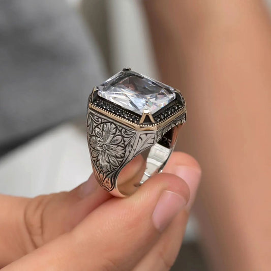 RARE PRINCE by CARAT SUTRA | Unique Designed Turkish Style Ring with White Zirconia | 925 Sterling Silver Oxidized Ring | Men's Jewelry | With Certificate of Authenticity and 925 Hallmark