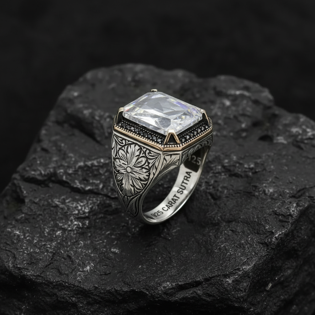 RARE PRINCE by CARAT SUTRA | Unique Designed Turkish Style Ring with White Zirconia | 925 Sterling Silver Oxidized Ring | Men's Jewelry | With Certificate of Authenticity and 925 Hallmark